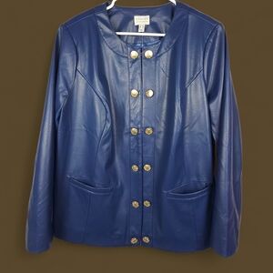 Susan Graver 20W Faux Leather Jacket Royal Blue Gold Crest Buttons Plus Size NEW